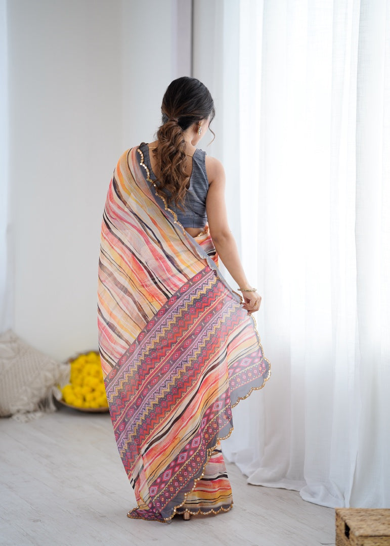 Vibrant Orange Line Digital Printed Georgette Saree with Mirror Work & Georgette Blouse