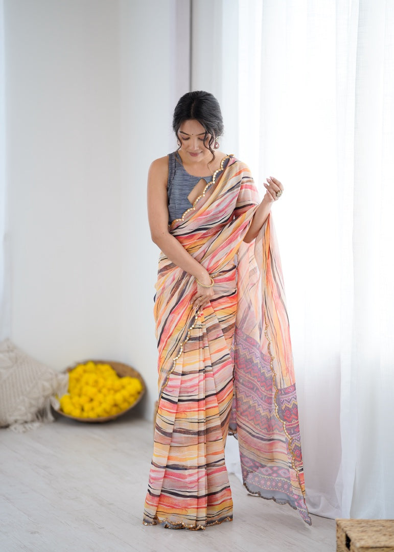 Vibrant Orange Line Digital Printed Georgette Saree with Mirror Work & Georgette Blouse