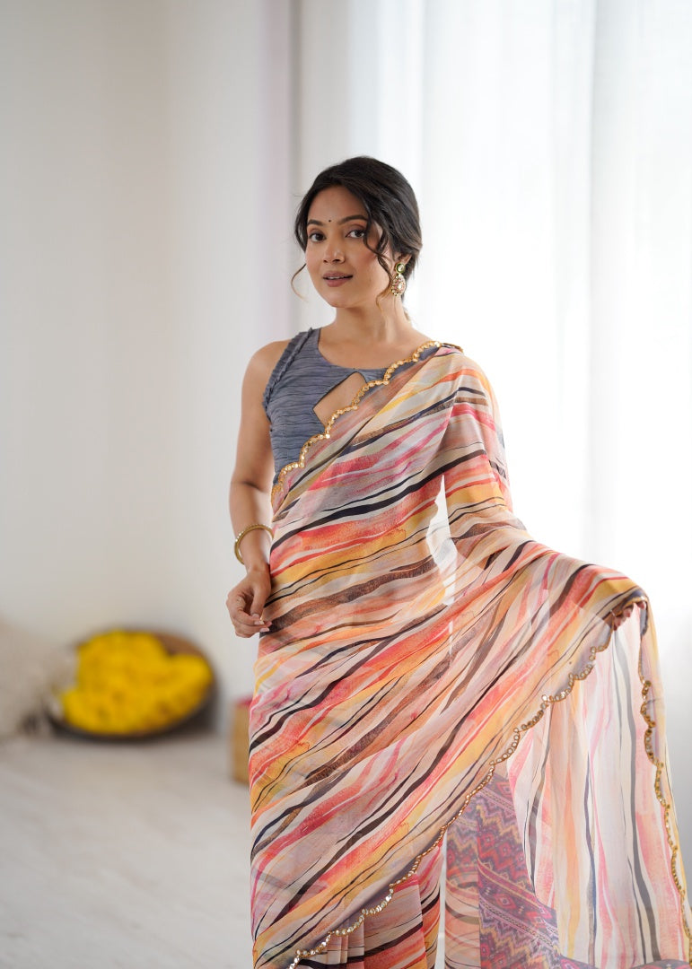 Vibrant Orange Line Digital Printed Georgette Saree with Mirror Work & Georgette Blouse