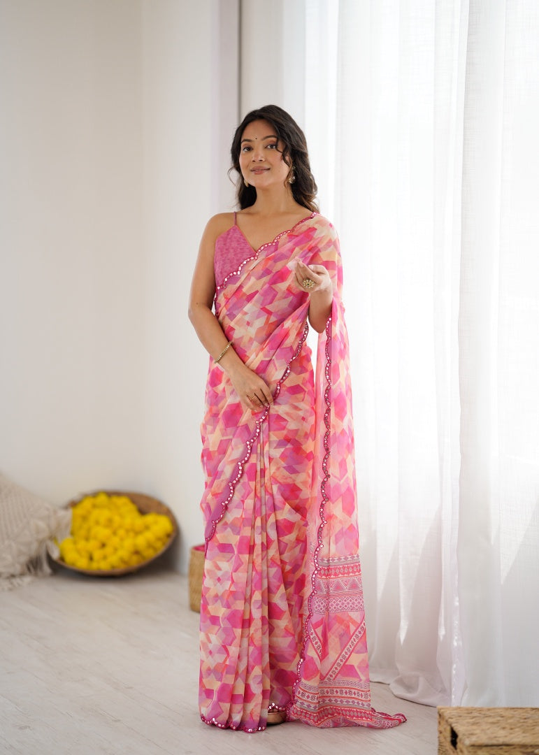 Graceful Pink Digital Printed Georgette Saree with Mirror Work & Matching Blouse
