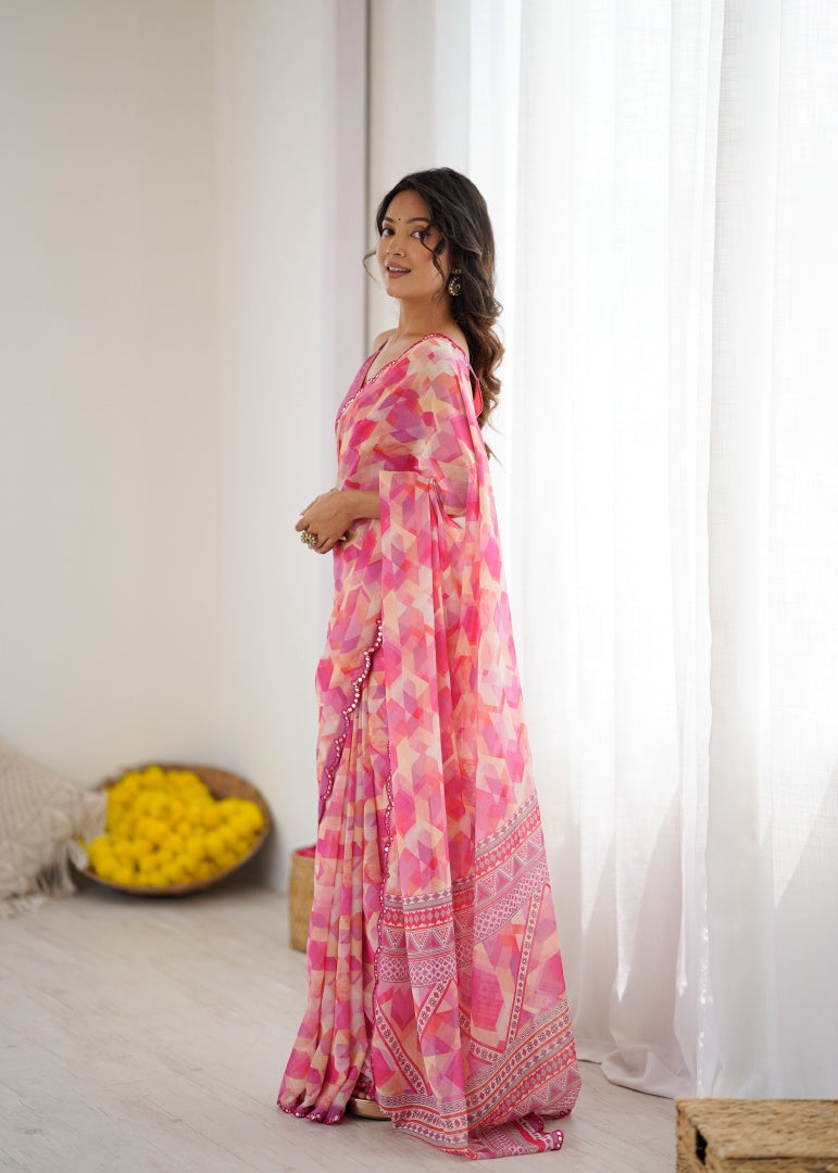 Graceful Pink Digital Printed Georgette Saree with Mirror Work & Matching Blouse
