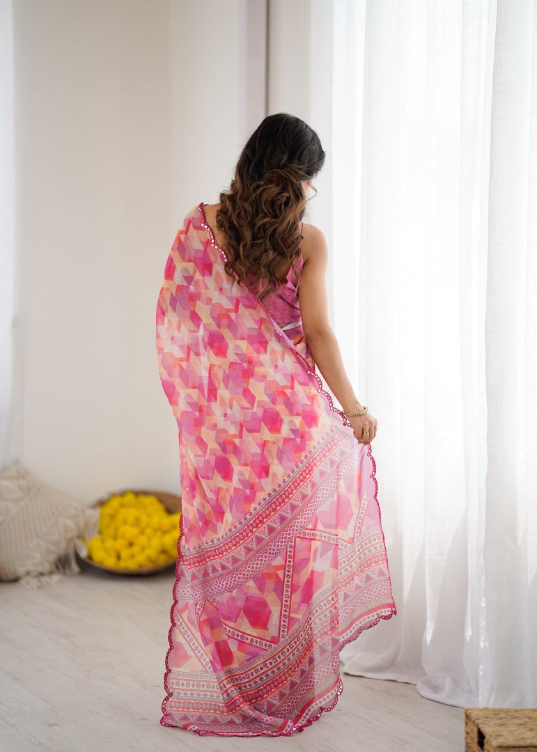 Graceful Pink Digital Printed Georgette Saree with Mirror Work & Matching Blouse