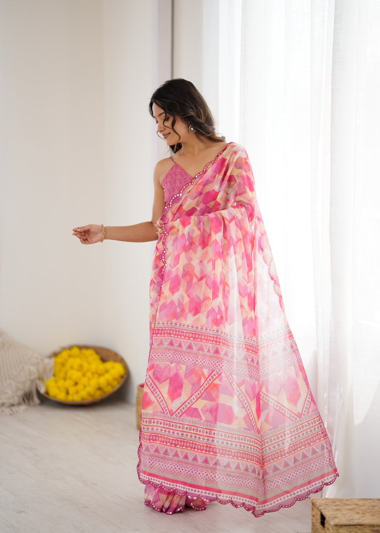 Graceful Pink Digital Printed Georgette Saree with Mirror Work & Matching Blouse