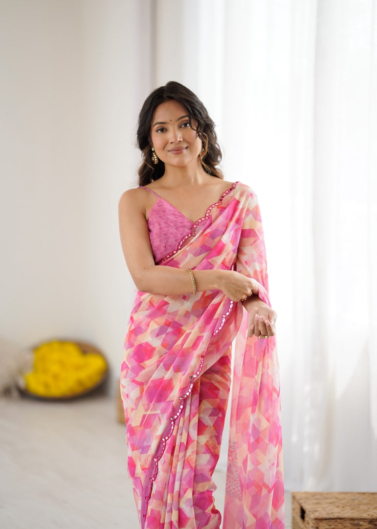 Graceful Pink Digital Printed Georgette Saree with Mirror Work & Matching Blouse