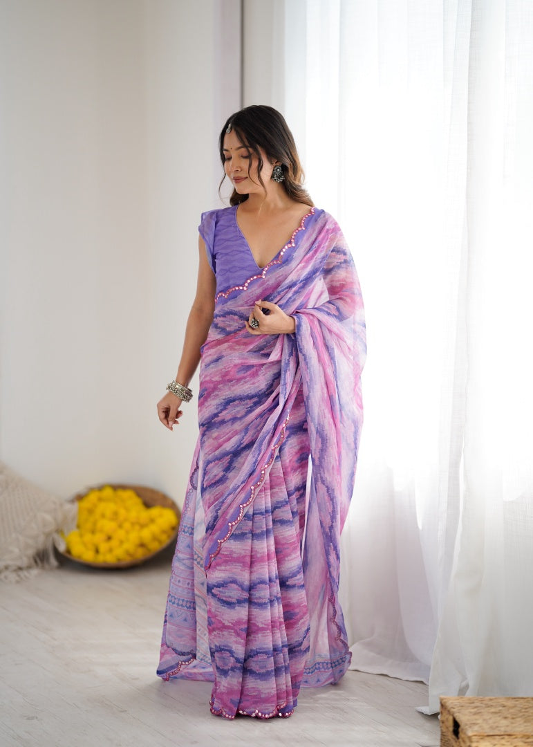 Royal Purple Digital Printed Georgette Saree with Mirror Work & Georgette Blouse