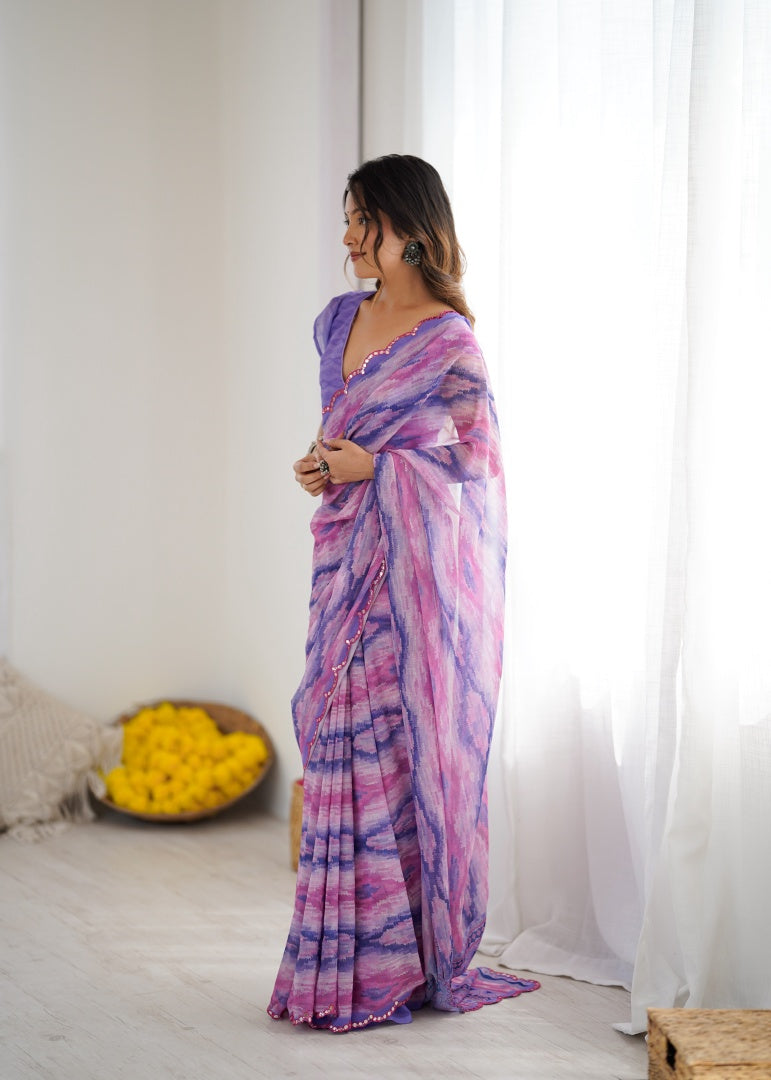 Royal Purple Digital Printed Georgette Saree with Mirror Work & Georgette Blouse