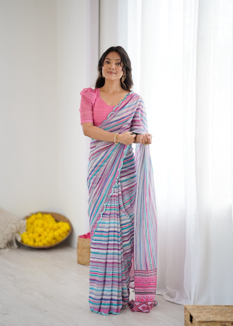 Refreshing Sky Blue Digital Printed Georgette Saree with Mirror Work & Georgette Blouse