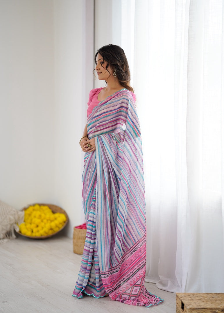 Refreshing Sky Blue Digital Printed Georgette Saree with Mirror Work & Georgette Blouse