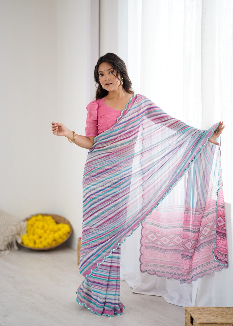 Refreshing Sky Blue Digital Printed Georgette Saree with Mirror Work & Georgette Blouse