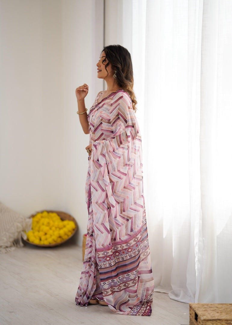 Classic White Digital Printed Georgette Saree with Mirror Work & Matching Blouse