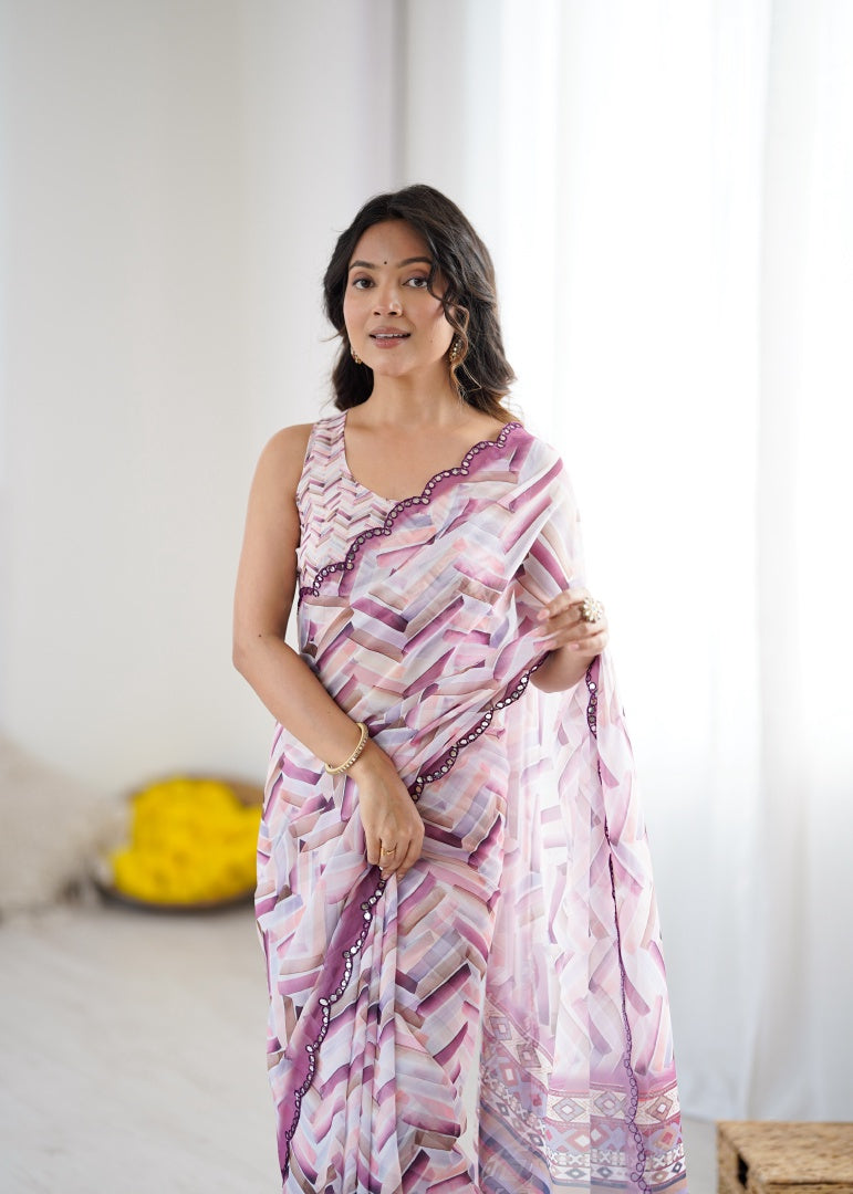 Classic White Digital Printed Georgette Saree with Mirror Work & Matching Blouse