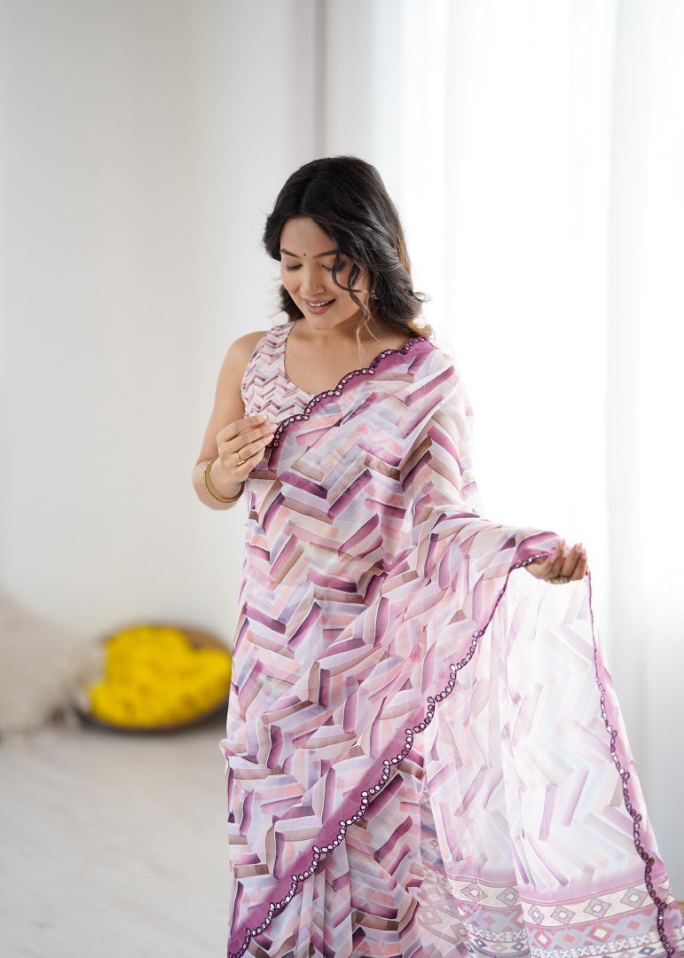 Classic White Digital Printed Georgette Saree with Mirror Work & Matching Blouse