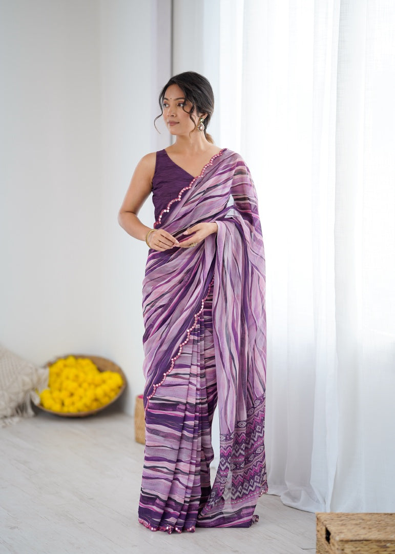 Rich Wine Digital Printed Georgette Saree with Mirror Work & Matching Blouse