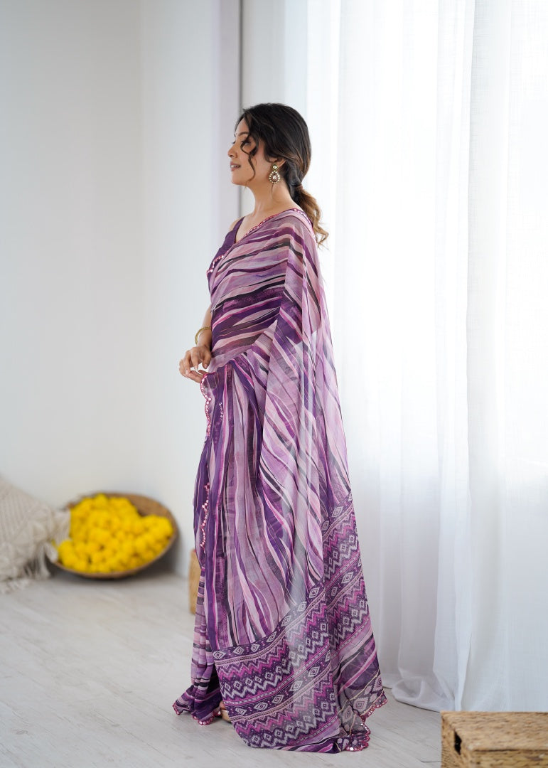 Rich Wine Digital Printed Georgette Saree with Mirror Work & Matching Blouse