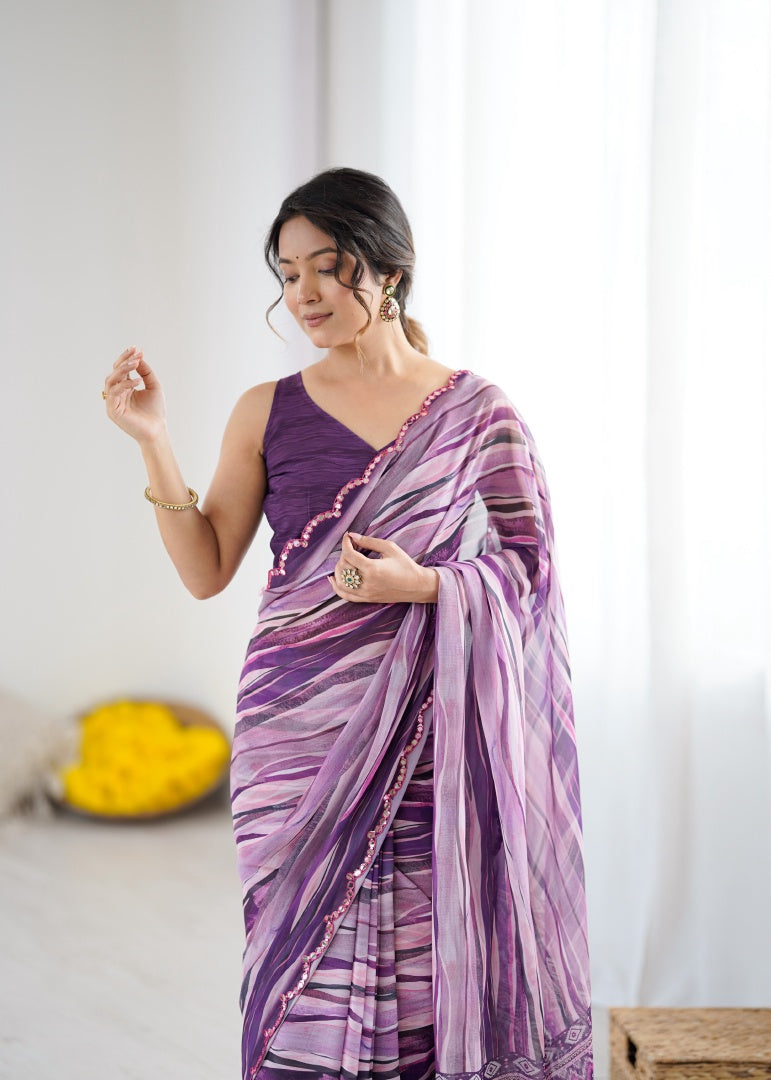 Rich Wine Digital Printed Georgette Saree with Mirror Work & Matching Blouse