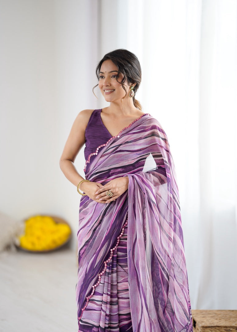Rich Wine Digital Printed Georgette Saree with Mirror Work & Matching Blouse