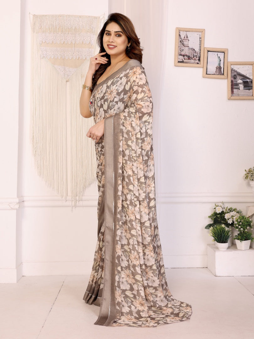 Stylish Chiku Bright Moss Satin Patta Printed Saree with Matching Blouse