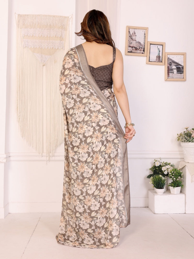 Stylish Chiku Bright Moss Satin Patta Printed Saree with Matching Blouse