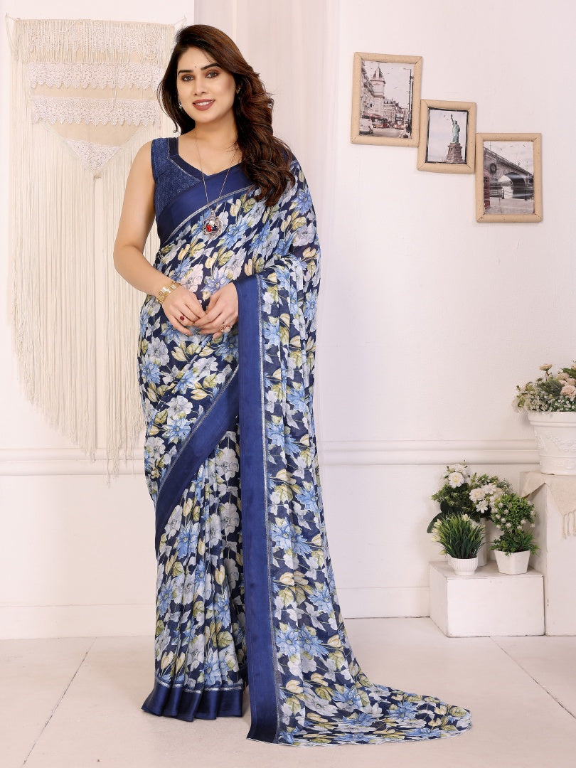 Rich Dark Blue Bright Moss Satin Patta Printed Saree with Matching Blouse