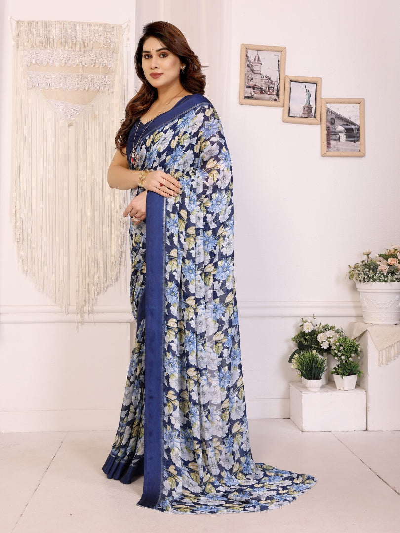Rich Dark Blue Bright Moss Satin Patta Printed Saree with Matching Blouse