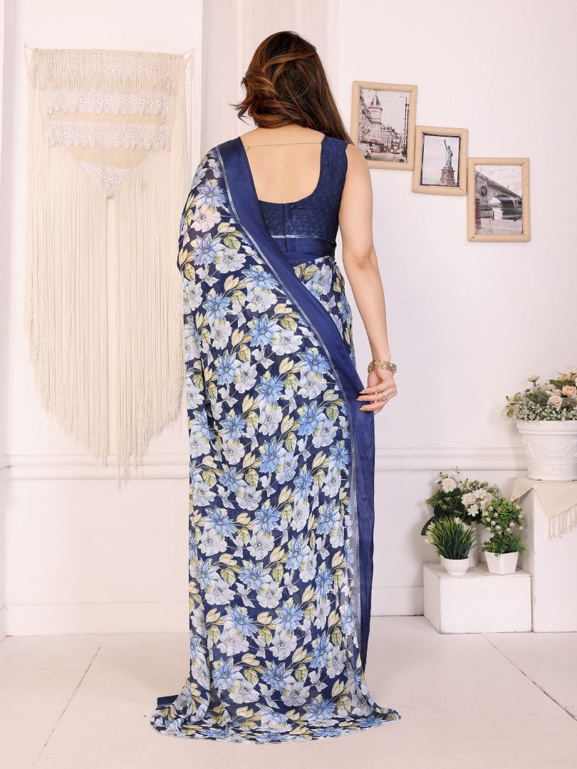 Rich Dark Blue Bright Moss Satin Patta Printed Saree with Matching Blouse