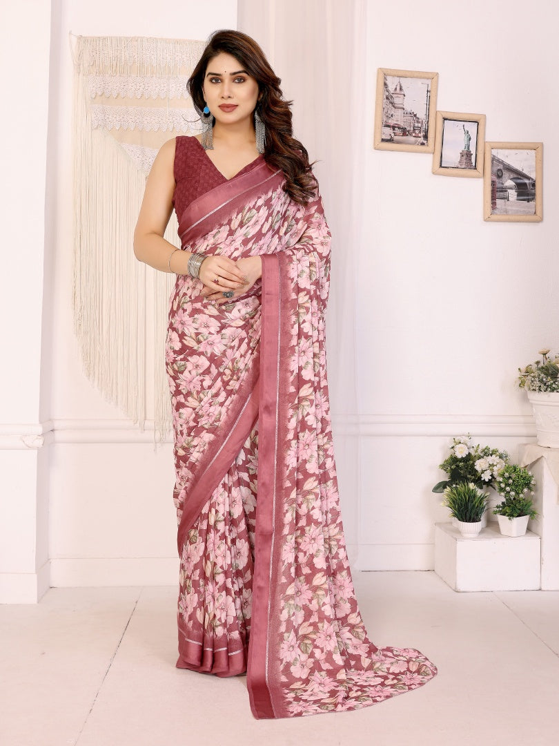 Royal Maroon Bright Moss Satin Patta Printed Saree with Matching Blouse