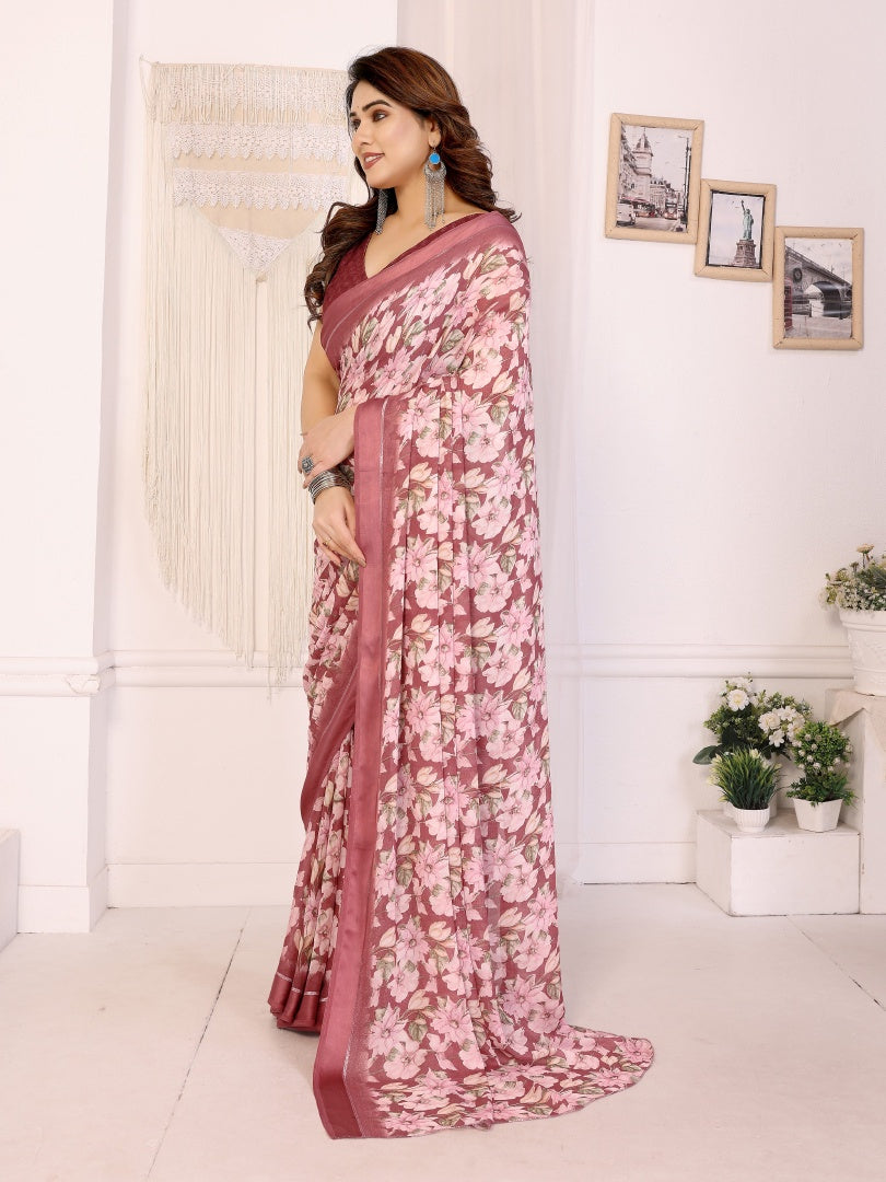 Royal Maroon Bright Moss Satin Patta Printed Saree with Matching Blouse