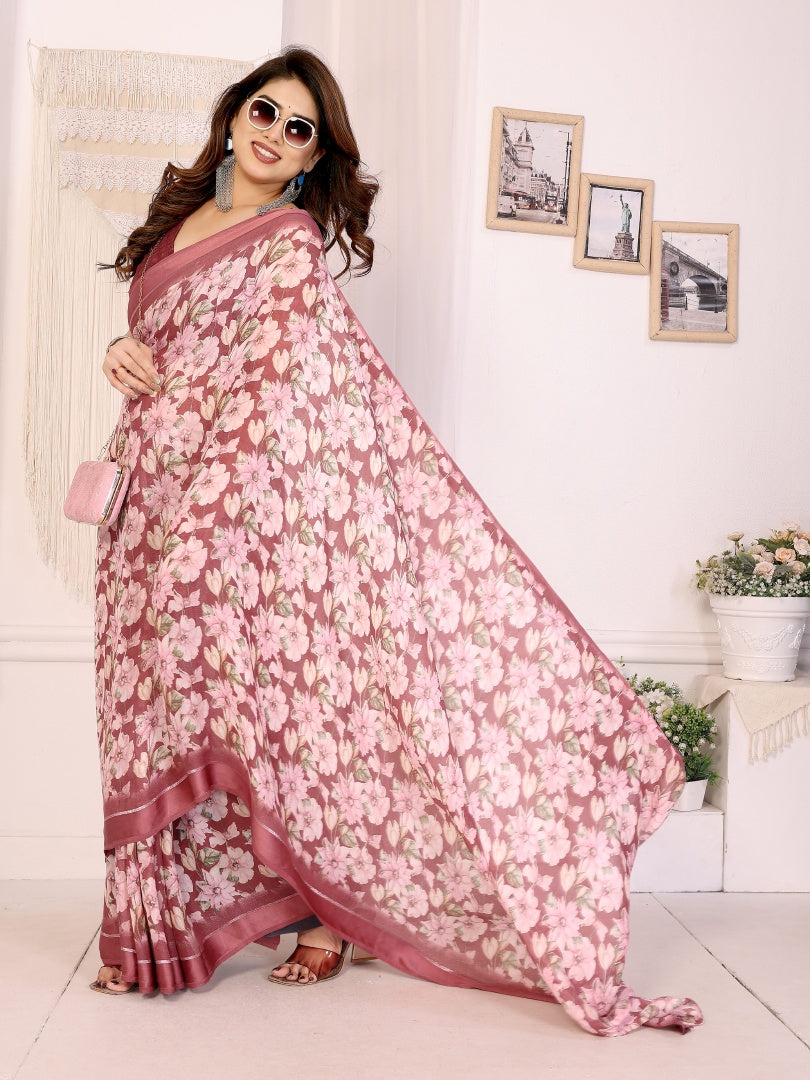 Royal Maroon Bright Moss Satin Patta Printed Saree with Matching Blouse