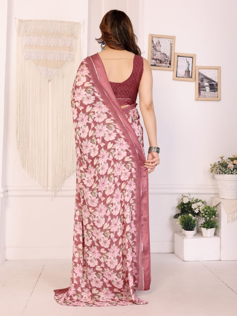 Royal Maroon Bright Moss Satin Patta Printed Saree with Matching Blouse