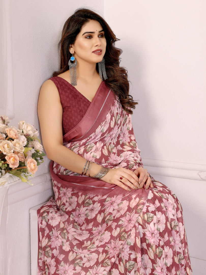 Royal Maroon Bright Moss Satin Patta Printed Saree with Matching Blouse