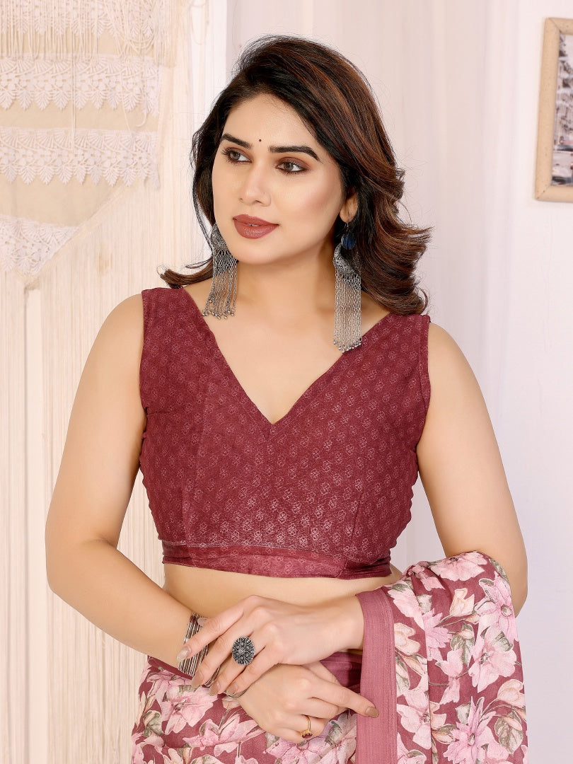 Royal Maroon Bright Moss Satin Patta Printed Saree with Matching Blouse