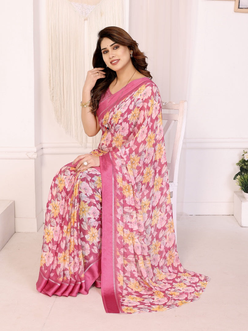 Charming Pink Bright Moss Satin Patta Printed Saree with Matching Blouse