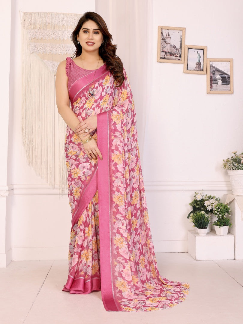 Charming Pink Bright Moss Satin Patta Printed Saree with Matching Blouse
