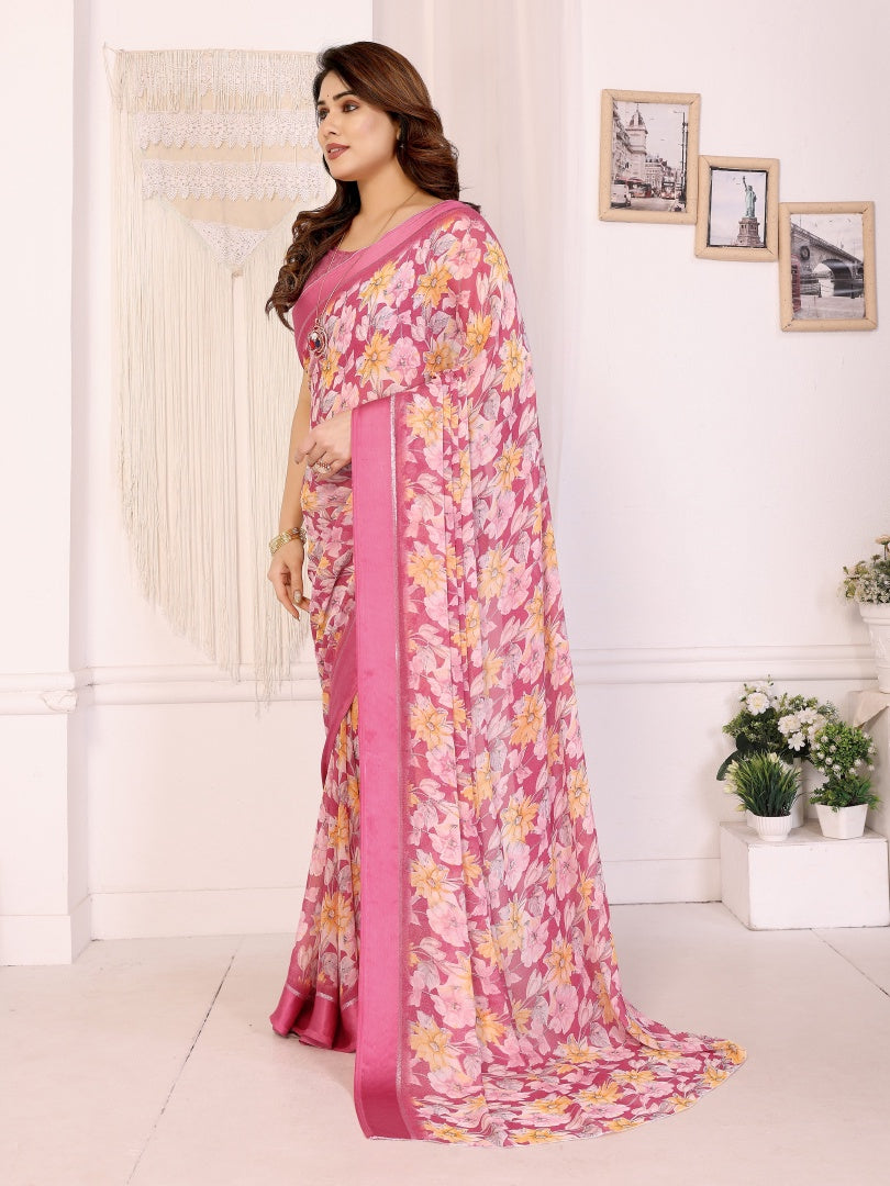 Charming Pink Bright Moss Satin Patta Printed Saree with Matching Blouse