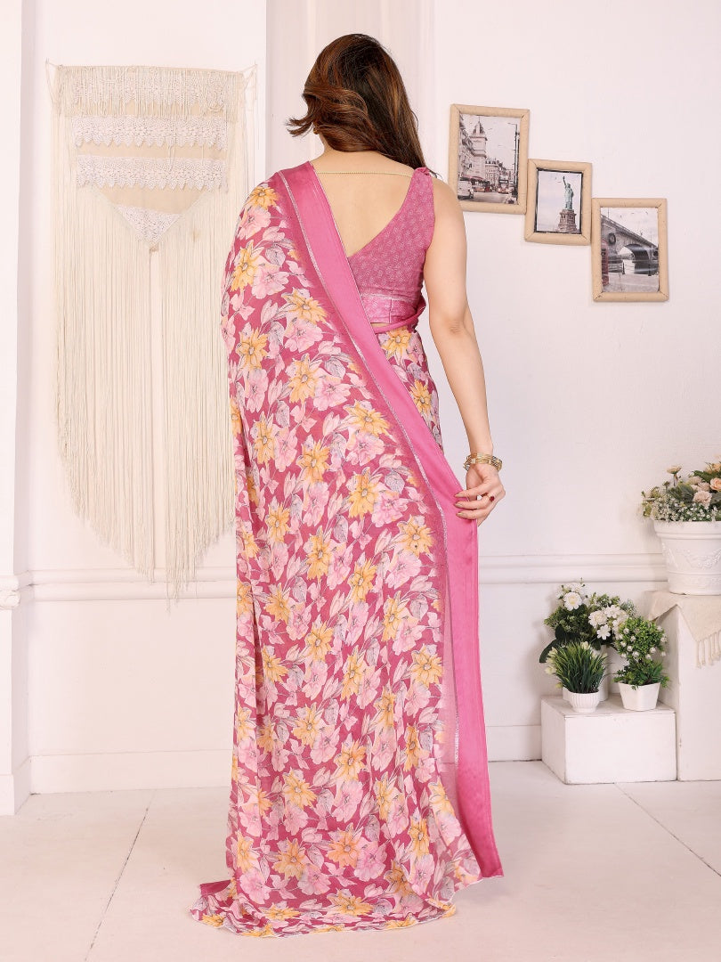 Charming Pink Bright Moss Satin Patta Printed Saree with Matching Blouse