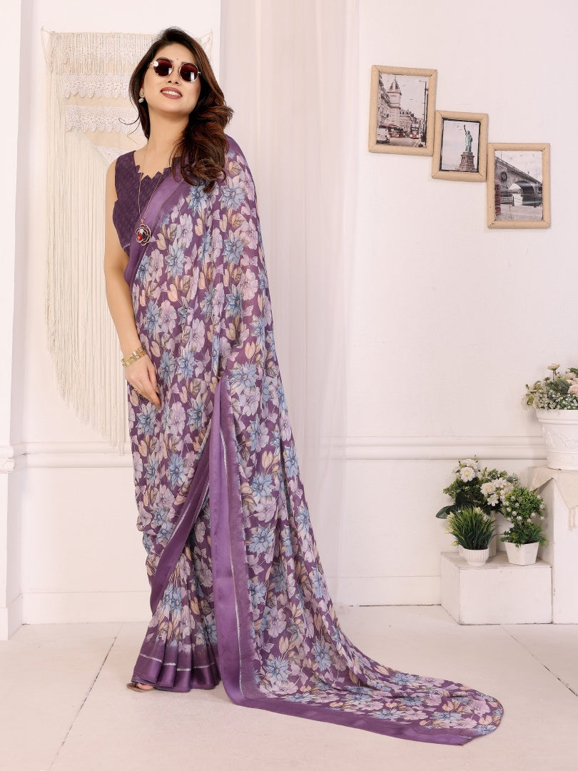 Beautiful Purple Bright Moss Satin Patta Printed Saree with Matching Blouse