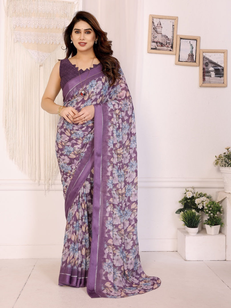 Beautiful Purple Bright Moss Satin Patta Printed Saree with Matching Blouse
