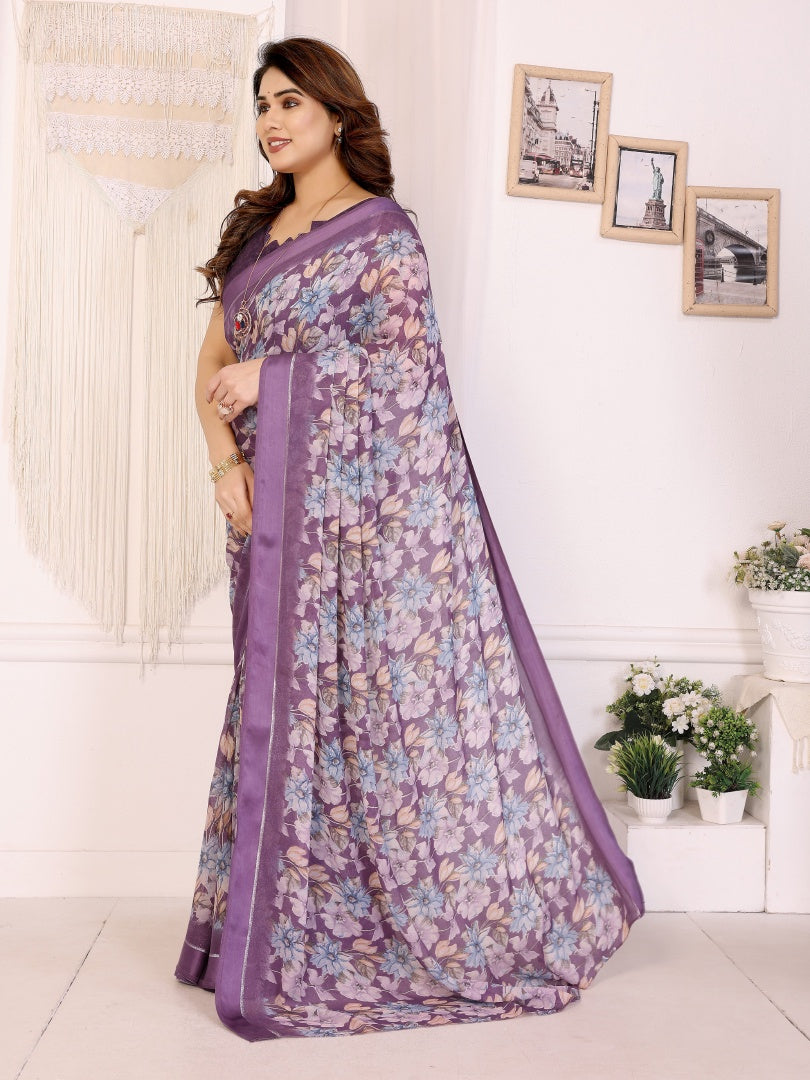 Beautiful Purple Bright Moss Satin Patta Printed Saree with Matching Blouse