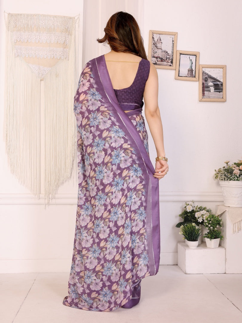 Beautiful Purple Bright Moss Satin Patta Printed Saree with Matching Blouse