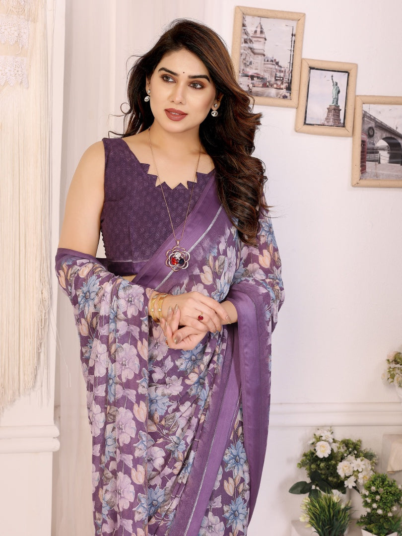 Beautiful Purple Bright Moss Satin Patta Printed Saree with Matching Blouse