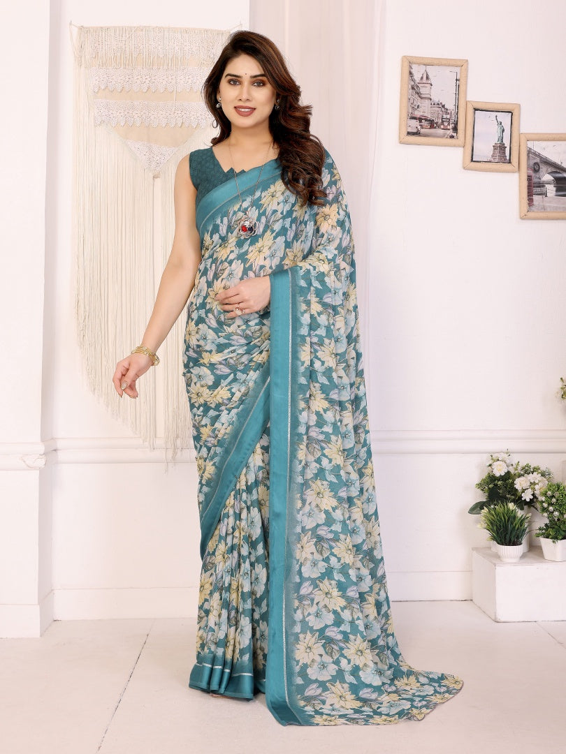 Elegant Rama Bright Moss Satin Patta Printed Saree with Matching Blouse