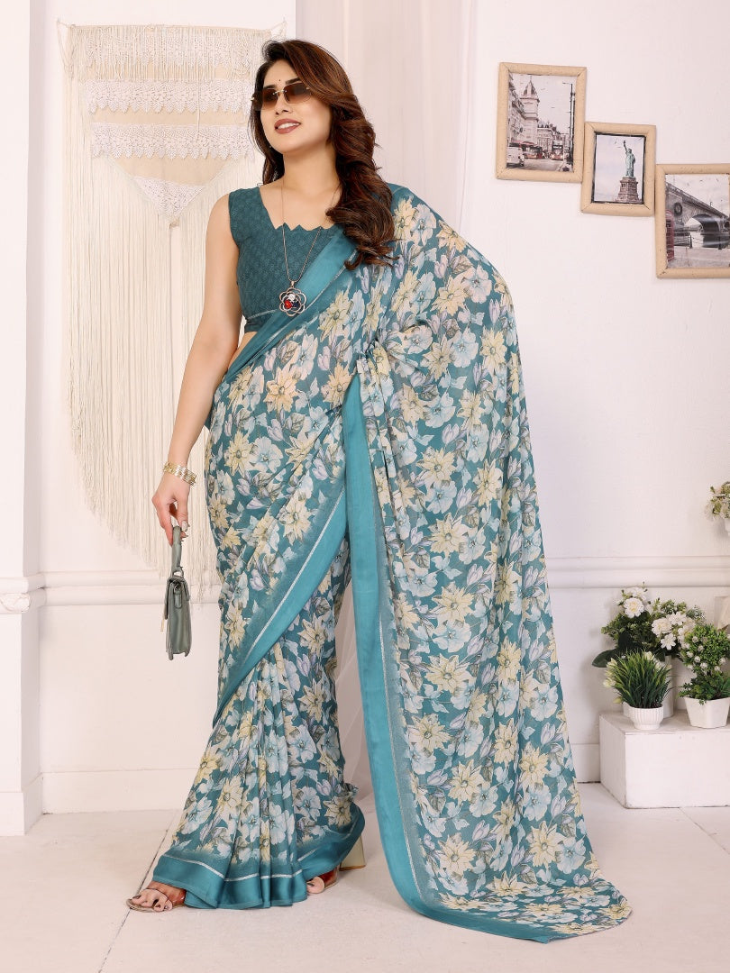 Elegant Rama Bright Moss Satin Patta Printed Saree with Matching Blouse