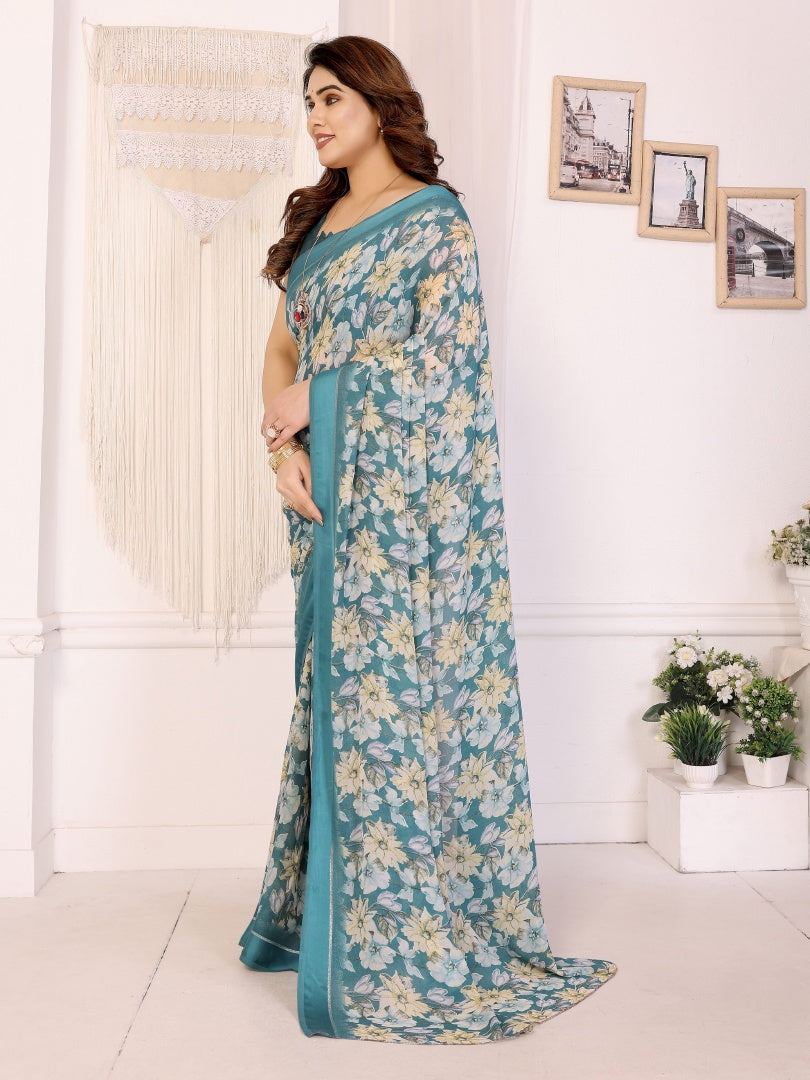 Elegant Rama Bright Moss Satin Patta Printed Saree with Matching Blouse