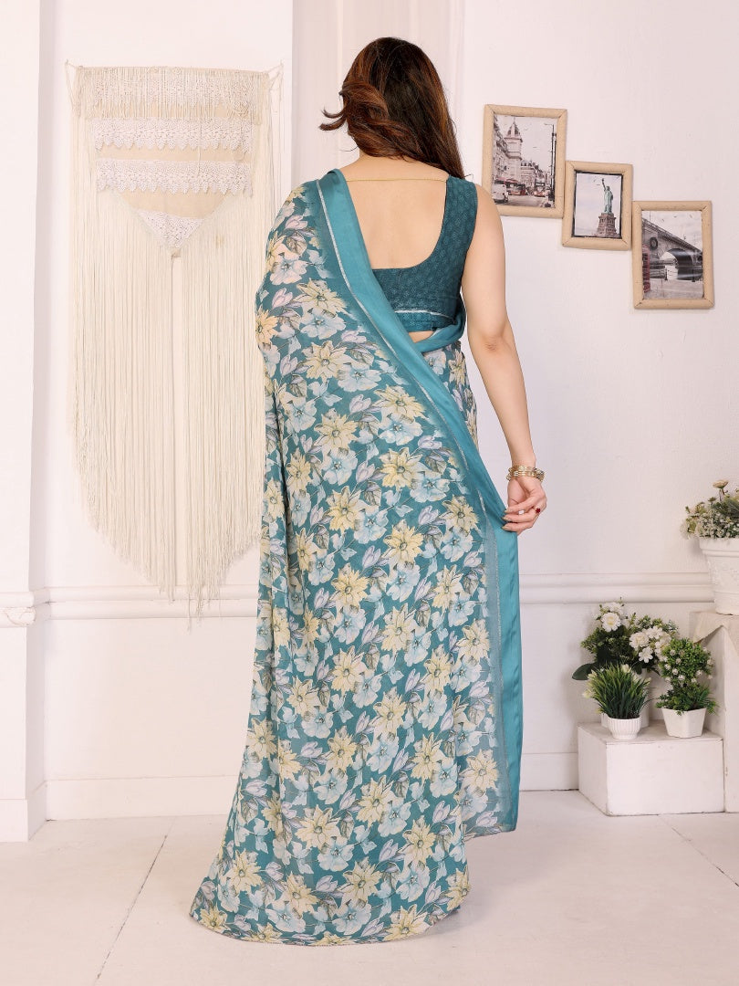 Elegant Rama Bright Moss Satin Patta Printed Saree with Matching Blouse