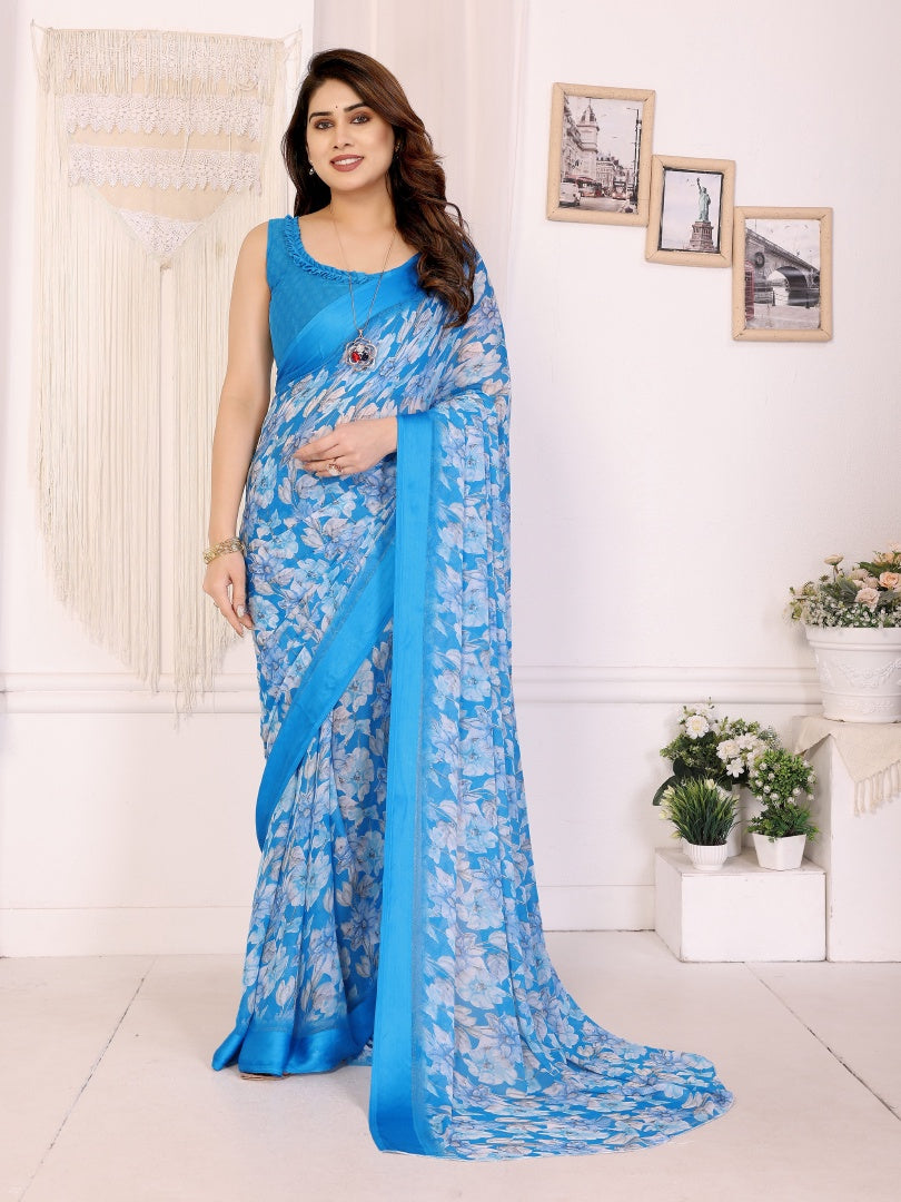 Refreshing Sky Blue Bright Moss Satin Patta Printed Saree with Matching Blouse