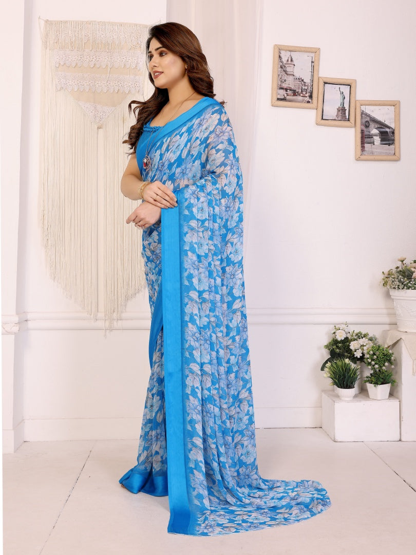 Refreshing Sky Blue Bright Moss Satin Patta Printed Saree with Matching Blouse