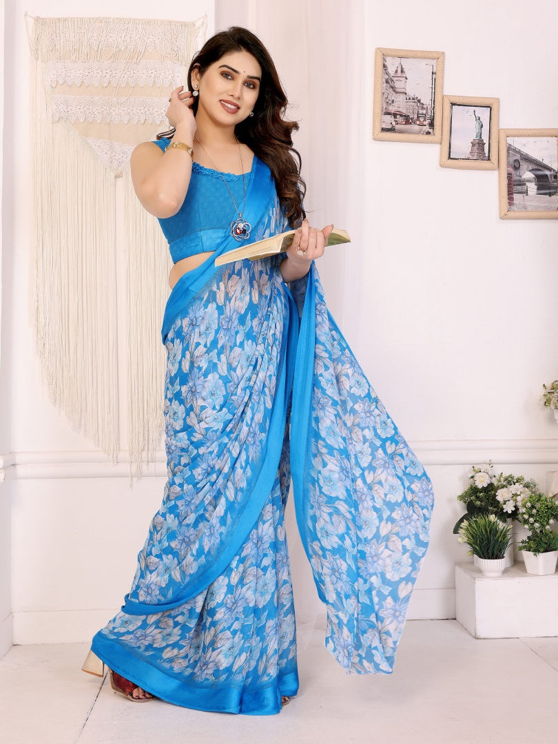 Refreshing Sky Blue Bright Moss Satin Patta Printed Saree with Matching Blouse