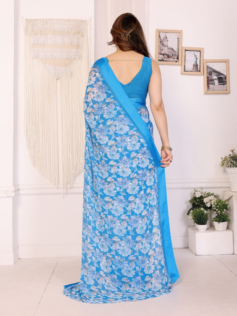 Refreshing Sky Blue Bright Moss Satin Patta Printed Saree with Matching Blouse