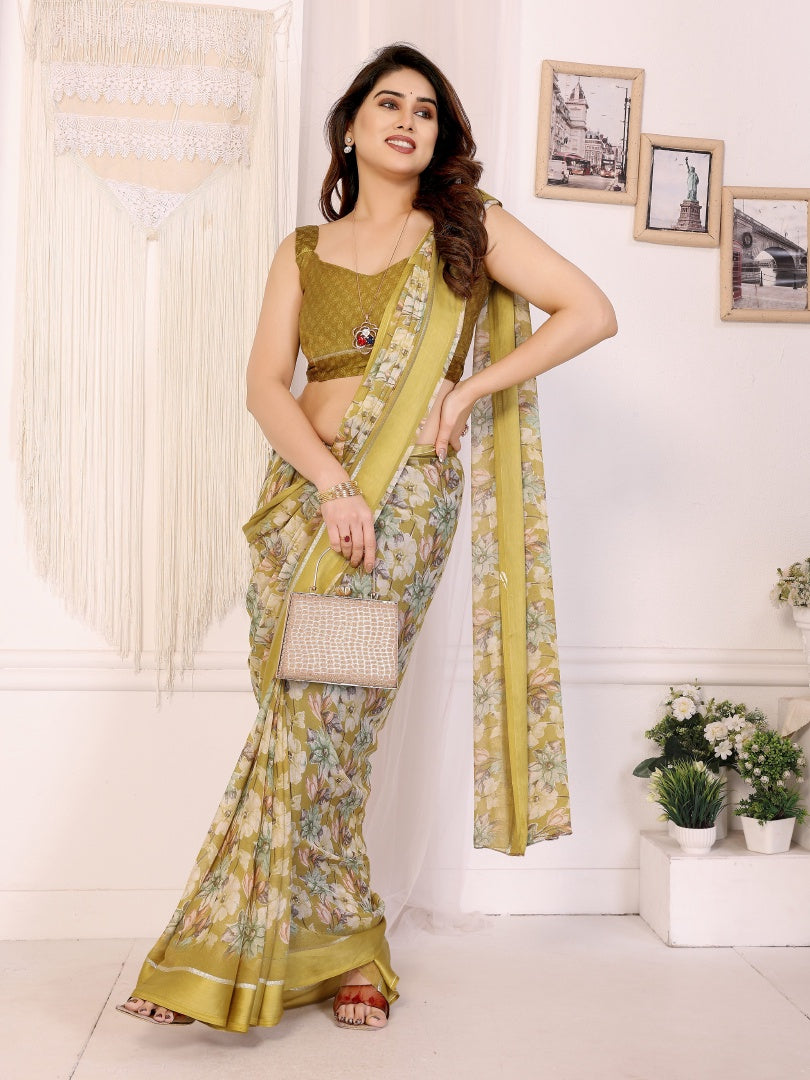 Bright Yellow Bright Moss Satin Patta Printed Saree with Matching Blouse