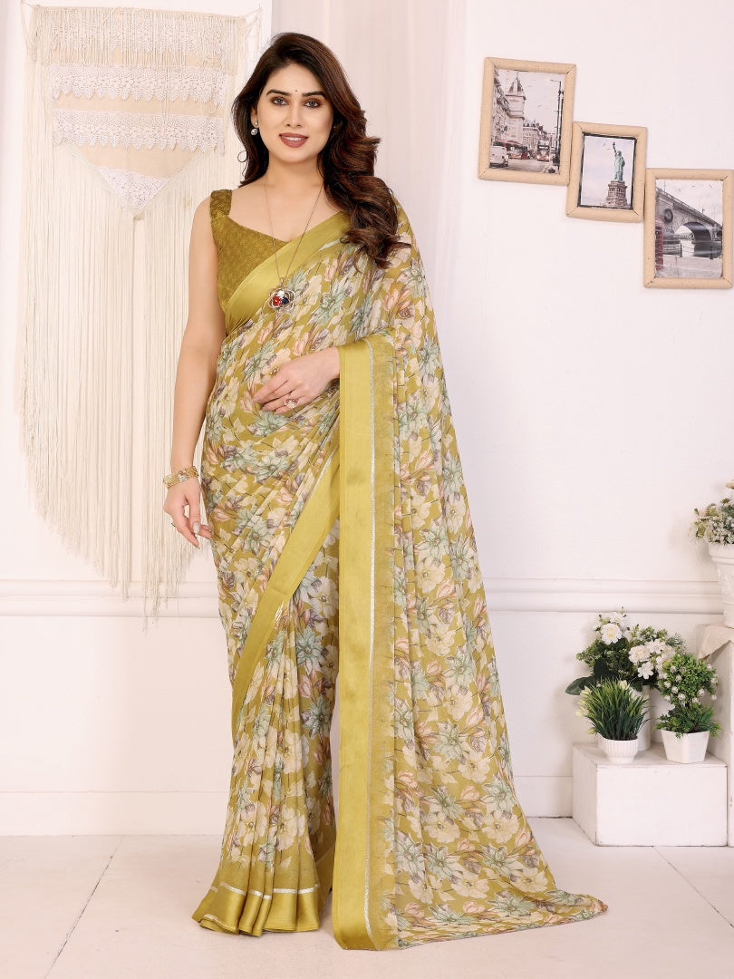 Bright Yellow Bright Moss Satin Patta Printed Saree with Matching Blouse